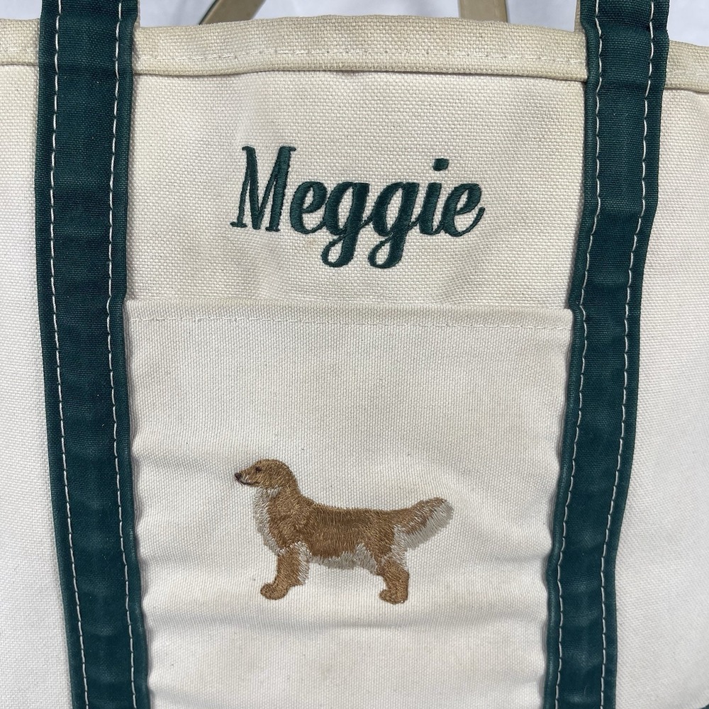 Vintage L.L.Bean Boat and Tote Canvas Bag Beige Green Dog Embroidery Made In USA - Picture 3 of 8